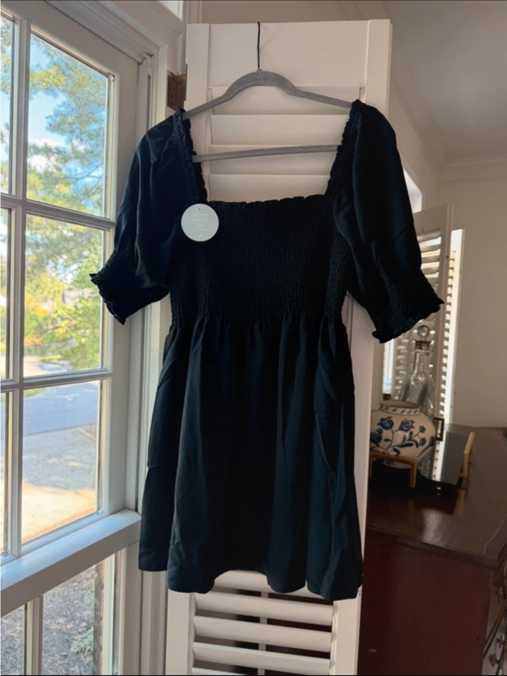 NWT Black Smocked Puff-Sleeve Mini Dress, Classic Women’s Style
